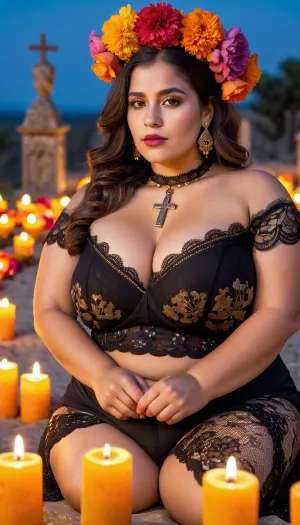 High-quality, highly detailed, cinematic, 8K, HD photo, MASTERPIECE., (Masterpiece, superior quality, high resolution, photorealistic, ultra-detailed, cinematic lighting), 1 chubby woman, (plump, thin waist), beautiful 35-year-old Mexican woman, delicate and youthful face, large expressive brown eyes, long wavy black hair decorated with marigold flowers, pale and soft white skin, soft pink lips with bright red lipstick, elegant and detailed Mexican skull makeup with floral motifs around the eyes, curvy body with medium breasts, pink areolas, erect nipples, shaved vagina, camel toe vagina, thick thighs, sensual Day of the Dead, black lace choker with silver cross, marigold flower crown, holding a softly glowing candle, surrounded by colorful paper flags, marigold petals on a stone path, flickering candles and skulls. Mexican women at a decorated altar, soft incense smoke rising in the background, nighttime cemetery with glowing lanterns and silhouettes of crosses, cinematic lighting in warm shades of orange and violet, HDR, ultra-sharp focus, realistic depth of field, detailed fabric texture.