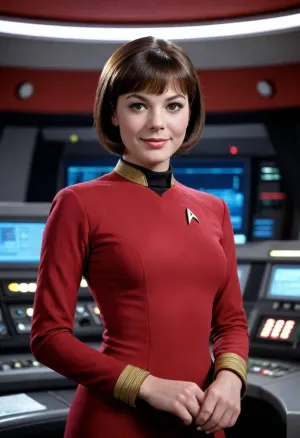Star, Trek, TNG, movie, still, slim woman, 18 YR OLD BRUNETTE posing, Pure and innocent, Pure smile, BROWN EYES, SHORT bob-cut hair, on the Enterprise, control panel, (wearing a red Starfleet uniform), full clothing, skin-tight uniform, Flat stomach, thin waist, wide round buttocks, hourglass body shape