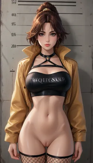 reiq meets markgavatino and melkor mancin artstyle, from head to thighs, beautiful woman, pale skin, brown hair, high ponytail, gorgeous, wearing fishnet crop top, uncovered big breasts, narrow waist, oiled skin, front view, uncovered tits, big lips, looking at viewer, uncovered shaved pussy slightly open, skuty micro skirt, fishnet stockings, jacket, standing, mugshot, front side view