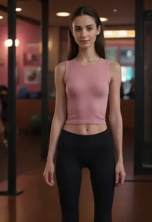 1girl, photorealistic picture, natural skinny Italian cutie, very tall and slender, anorexic, 29yo, young adult, caucasian, smiling, long black hair, (wearing a thin sleeveless pink tight sweater and thin low waist black yoga leggings:1.5), (small saggy breasts:1.2), (anorexic figure:1.5), (slim narrow hips, thin thighs, long thin legs:1.2), (skinny thighs:1), (skinny small ass:1.2), (thin green tight sweater:1.1), (thin green transparant yoga leggings:1.1), no bra, cameltoe, no panty, front view, inside a gym
With skinny women in the back watching, menu board background, lit by colorful neon signs at night, cinematic lighting, (detailed face, detailed hair:1.1), 8k, masterpiece, (realism:1.1), (realistic:1.1), (hyper realistic:1.1), (ultra realistic:1.1)