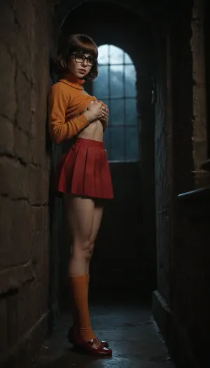 Velma from Scooby-Doo in Hanna-Barberain style, inside old dark abandoned Castle by night, (steps through a secret door in the wall), spider webs oak bookshelf, orange knee socks, orange turtleneck, red classic shoes, big glasses, brown bob, red pleated skirt, petite, skinny, small ass, underboob, saggy silicon breasts, skinny waist, curvy body, short legs, plump lips, horny, cute face, (tiny curved legs), side view, doorknob penetrate her ass, holding one breast, <lora:Thigh_gap_SDXL:2>, <lora:dark:.1>, <lora:bdsmdungeon_v4:1.4>