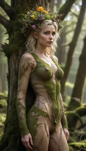 (mature dryad, entwife), (blonde hair full of colourful flowers), dried grass and branches growing on her head, blue eyes, elven pointy ears, (attractive athletic dryad), (((female anthropomorphic tree))), dark oak bark skin, curious and suspicious, protecting her beloved old oak tree, partly covered by moss, sunny summer meadow, colourful meadow, stunning ancient goddess, russian mom, scandinavian mom, lifelike, photo realism, insanely detailed, high resolution