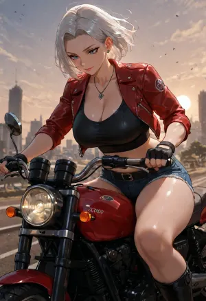 score_9, score_8_up, score_7_up, german, emilia_from_germany, absurdres, highres, 1girl, belt, black_belt, black_boots, black_gloves, black_shirt, blue_eyes, blue_shorts, bob_cut, boots, breasts, cleavage, collarbone, crop_top, curvy, denim, denim_shorts, earrings, eyelashes, eyeliner, fingerless_gloves, floating_hair, forehead, from_side, gloves, grey_hair, (hands_on_handlebars), high_heel_boots, inverted_bob, jacket, jewelry, large_breasts, leather, leather_boots, leather_jacket, light_smile, lips, makeup, mature_female, midriff, motor_vehicle, motorcycle, navel, necklace, on_motorcycle, open_clothes, open_jacket, outdoors, red_lips, red_eyeliner, red_jacket, (riding:1.4), shirt, short_hair, short_shorts, shorts, sky, skyline, solo, straight_hair, thick_thighs, thighs, toned, toned_female