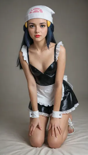 Dawn from pokemon, breathtaking beauty, cute face, flirting with viewer, seductive, small nose, small mouth, small breast, skinny, small body, aroused nipples, pale white skin, flat chest, heart-shaped cleavage, red lipstick, no bra, masterpiece, award-winning photography, full portrait, dawn_\, (pokemon\), 1girl, Dawn, (/pokemon), /, (ultra, HD, quality, details), hair, (blue, eyes), beautiful, face, On all fours, thighs tied to calves with rope, arms pulled back into strict box tie, transparent latex maid dress with frilled apron, red gag with O-ring, black cuffs around wrists and ankles, <lora:dawn_(pokemon)_v3:1.4>, <lora:Dawn (Pokemon) - XL SDXL v1.0:1>