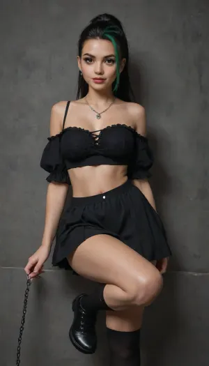 A digital photograph of a very busty 18-year-old nemona from Pokémon with fair skin and black hair with green streaks behind her ears, dressed in a modern gothic outfit featuring a voluptuos neckline, short skirt, off-shoulder top, and decorative chains. She strikes a seductive, playful pose, slightly lifting one leg while smiling naturally. Her makeup includes dark eyeliner and subtle lipstick, maintaining an elegant gothic tone. The background shows a Gothic indoor setting, softly illuminated, emphasizing her stylish and expressive look.