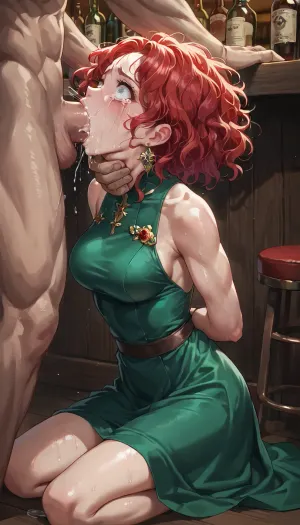 anime, 25 year old woman with long red hair, medium breasts, short green dress, kneeling, hands behind back, (face fuck, deep throat), in a bar, fucked by a muscular man, scared, tears