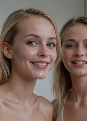 (Full body shot of Two skinny petite blonde romanian women, 30s, tall and bony, the most beautiful shy long narrow face, tall slim nose, small mouth), penis, they are smiling, long shot, rounded small breasts, beautiful perky tits, they are looking at the camera, looking at viewer, 8k resolution, hyper realistic, well drawn face, ((thick white cum on face, cum in hair, cum dripping from mouth, cum flowing from chin)), 8k, photorealistic, intricately detailed face, masterpiece, best quality photos resolution, woman, cum, on, face, <lora:JustCum:1.7>