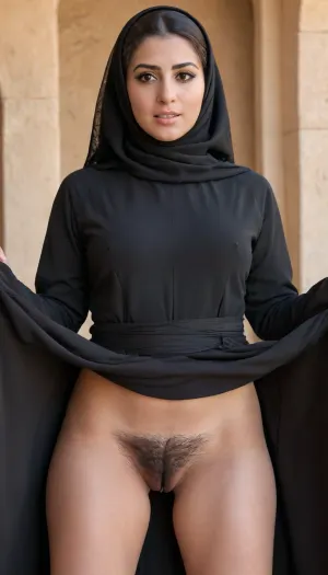 A sexy Arab woman wearing a full black abaya, lifting her abaya to reveal her hairy vagina, natural pubic hair, upskirt, vagina, out, rear, shot, front, <lora:upskirt:.5>