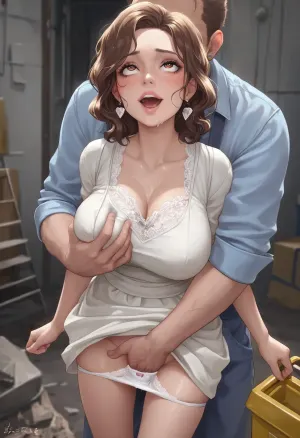 Beautiful sexy brown hair mother stands at the construction site, wearing in summer dress, the hem of the dress is pulled up, white panties are visible, fully clothed very ugly lustful fat construction worker who are rough groping her, roughly grabbing her tits, lustful worker's hand in woman's white lace panties, fingering, looking up, seductive face, very excited, lustful man's face, hearts of love