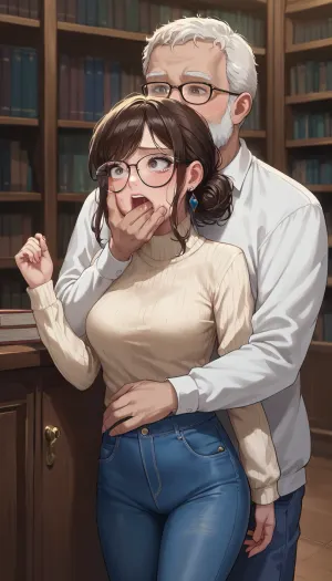 best quality, college student with brown hair in messy bun, glasses, medium breasts, cream colored sweater and blue jeans, (face fuck, deep theoat), library, fat old man, scared