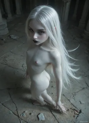 A vast, abandoned baroque palace with towering cracked columns. Peeling frescoes and soot-stained ceilings loom overhead. a lone figure emerging from the shadows. A ghost, standing suspended 50cm above the ground, pale girl, ((18yo, white painted skin, unnatural white skin, unnatural fully black eyes, black lips)), gracefully curved body, extreme long white hair, extremely long hair to the ground, slender body, full nude, very short body, small hips, small butt, flat chest, fully nude. view close-up, standing, view close-up standing, (her tits close-up:1.3), (high angle view:1.7), half-side view from behind, half-turned ass, face close-up, she kiss pov, close up from above, her legs is slightly opened, legs behind head, erect nipples close-up to viewer, close-up of breasts, cinematic, poster. High-contrast chiaroscuro—cold moonlight slashes through broken stained glass, casting sharp shadows that amplify her ethereal presence. Dust motes swirl in the beams. Slight Dutch angle, full-body portrait as she vanishes into deeper shadows. mentixis, metix, ais-ghostly, misty, ghost, floating, <lora:mentixis:2>, <lora:Ghostly_Style_SDXL:2>, <lora:PAseer-SDXL-MistyGhost:2>