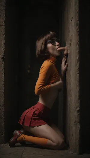 Velma from Scooby-Doo in Hanna-Barberain style, inside old dark abandoned Castle by night, (steps through a secret door in the wall), spider webs oak bookshelf, orange knee socks, orange turtleneck, red classic shoes, big glasses, brown bob, red pleated skirt, petite, skinny, small ass, underboob, saggy silicon breasts, skinny waist, curvy body, short legs, plump lips, horny, cute face, (tiny curved legs), side view, holding one breast, (kneeing blowjob man cock at glory hole), <lora:Thigh_gap_SDXL:2>, <lora:dark:.1>, <lora:bdsmdungeon_v4:1.4>
