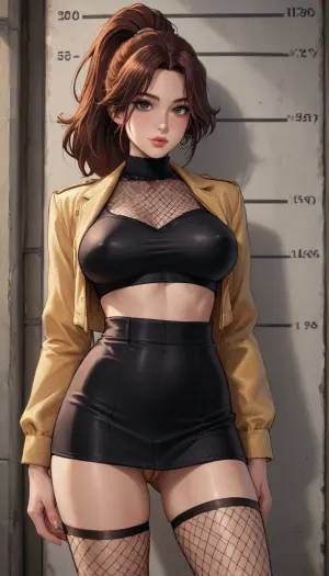 reiq meets markgavatino and melkor mancin artstyle, from head to thighs, beautiful woman, pale skin, brown hair, high ponytail, gorgeous, wearing fishnet crop top, uncovered big breasts, narrow waist, oiled skin, front view, uncovered tits, big lips, looking at viewer, uncovered shaved pussy slightly open, skuty micro skirt, fishnet stockings, jacket, standing, mugshot, front side view