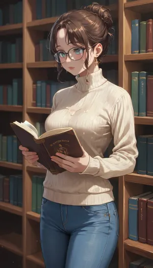 best quality, college student with brown hair in messy bun, glasses, medium breasts, cream colored sweater and blue jeans, standing, reading a book, library