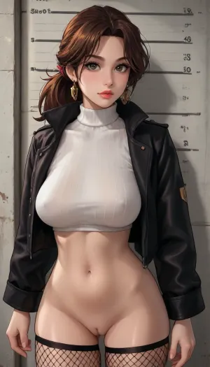 reiq meets markgavatino and melkor mancin artstyle, from head to thighs, beautiful woman, pale skin, brown hair, high ponytail, gorgeous, wearing fishnet crop top, uncovered big breasts, narrow waist, oiled skin, front view, uncovered tits, big lips, looking at viewer, uncovered shaved pussy slightly open, skuty micro skirt, fishnet stockings, jacket, standing, mugshot, front side view