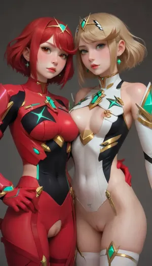 2girl, (1.8), seductive action poses together, ((Pyra from Xenoblade Chronicles)), (Xenoblade Chronicles franchise), fair skin, long red hair, small breasts, shaved pussy, clitoral hood present, spandex red thigh high stocking with black and green highlights, red skin tight spandex leotard crotchless and cupless exposing breasts, ((Mythra)), light skin, petite body, long blonde hair, vaginal, detailed, spandex white thigh high stocking with black and green highlights, white skin tight spandex leotard crotchless and cupless exposing breasts, meadow on alien planet, looking innocently at the viewer, incase, style, <lora:WildcardX-XL-Detail-Enhancer:1.4>, <lora:Incase_Style__SDXL:1.2>, <lora:Animated_Concept:1.3>
