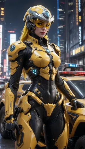 (futuristic, in town, night, neon lights), (((close-up))), sexy police woman, chrome color, yellow armor, helmet with visor, (yellow makeup:1.2), (((yellow vehicle of police))), Cyberpunk, Architecture, monumental, architecture, city, cityscape, scenery, building, skyscraper, future, scifi, cyberpunk, skyline, science, fiction, vehicle, ground, hovering, military, police, <lora:Cyberpunk_Architecture_(Architecture)_(SDXL)_(AD):2>, <lora:Mecha_Ggorgeous_Armor-000011:2>, <lora:scifi-vehicles-000011:2>