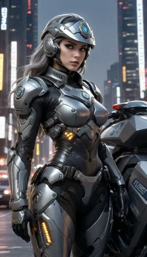 (futuristic, in town, night, neon lights), (((close-up))), sexy police woman, chrome color, grey armor, helmet with visor, (grey makeup:1.2), (((grey vehicle of police))), Cyberpunk, Architecture, monumental, architecture, city, cityscape, scenery, building, skyscraper, future, scifi, cyberpunk, skyline, science, fiction, vehicle, ground, hovering, military, police, <lora:Cyberpunk_Architecture_(Architecture)_(SDXL)_(AD):2>, <lora:Mecha_Ggorgeous_Armor-000011:2>, <lora:scifi-vehicles-000011:2>