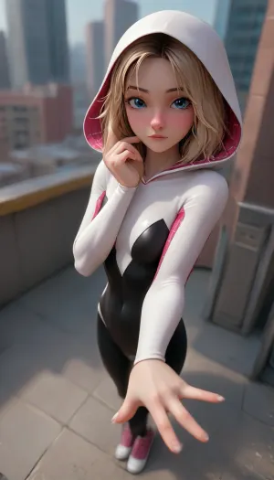 (Masterpice), (HD4K visual), (detailed background), 4K ultra-detailed image, HDR, enhancement, professional photography, clear face, detailed face, precise anatomy, (perfect symmetry), (5 fingers per hand), maximum resolution, sharp focus, NSFW, (spider Gwen:1.4), short blond bobbed hair, iconic white and black and pink latex spider suit, full body selfie, selfie from above, on a side of a tower, overlooking new York, <lora:Spider-Gwen:2>, <lora:Samaritan 3d Cartoon SDXL:1.4>, <lora:Instagram_Selfie_SDXL:1.4>