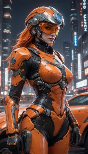 (futuristic, in town, night, neon lights), (((close-up))), sexy police woman, chrome color, orange armor, helmet with visor, (orange makeup:1.2), (((orange vehicle of police))), Cyberpunk, Architecture, monumental, architecture, city, cityscape, scenery, building, skyscraper, future, scifi, cyberpunk, skyline, science, fiction, vehicle, ground, hovering, military, police, <lora:Cyberpunk_Architecture_(Architecture)_(SDXL)_(AD):2>, <lora:Mecha_Ggorgeous_Armor-000011:2>, <lora:scifi-vehicles-000011:2>