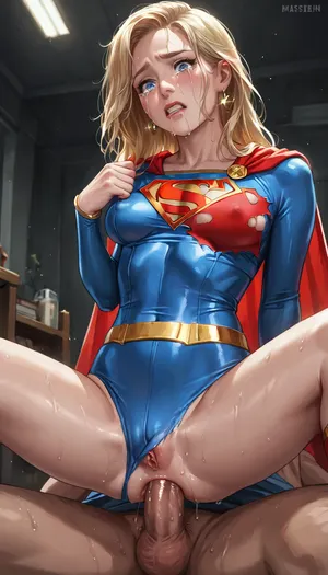 anime, best quality, Supergirl, her custome ripped open, one breast exposed, (reverse cowgirl anal), humiliated, tears