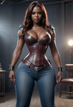 very dark skin Klingon tall curvy slim thick type woman, wearing a leather corset, big east west type breasts, full body image, Flared, jeans, pants, large, breasts, big, boobs, huge, tits, preggo, <lora:Flared_Jeans_XL_V2:1.2>, <lora:Leather_armor:1.2>, <lora:bombshell_v2:1.8>, <lora:preggoXL_v0.1a:2>