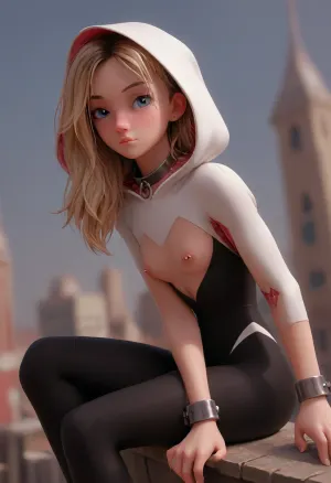 (Masterpice), (HD4K visual), (detailed background), 4K ultra-detailed image, HDR, enhancement, professional photography, clear face, detailed face, precise anatomy, (perfect symmetry), (5 fingers per hand), maximum resolution, sharp focus, NSFW, (spider Gwen from Marvel comics:1.4), short blond bobbed hair with pink tips, flat chested, (pierced nipples), iconic white pink and black spider suit, (background is new York City:1.4), Gwen is sitting down legs crossed and chained, slave restrained, wrists chained together, (neck chained to wrists), chained up like a slave, side view, flat, chested, 1-alpha, .8>, lighting, bright, slave_restraints, outfit, <lora:Spider-Gwen:2>, <lora:flat_chested_v3.5:1.4>, <lora:slave_restraints:1.4>, <lora:add-detail-xl:1.4>, <lora:Samaritan 3d Cartoon SDXL:1.4>