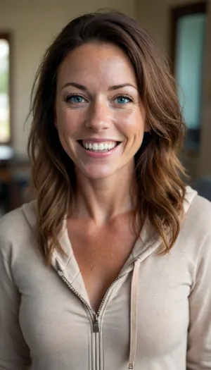 44 year old adorable cute fit yoga instructor, freckles, dimples, open mouth smile, good teeth, laughing, blue eyes, brunette, tattoo, unzipped hoodie, tan lines