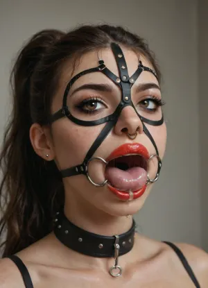 ((30 years old, Tipical italian girl, fit body, fake booobs, perfect cute face, curly very long brown hair in ponytail, brown eyes, light freckles, bimpo lips, skin pores, smooth skin, round ass, hips gap, oiled body)), ((heavy goth makeup, eyeshadow, eyeliner, mascara, red lipstick)), (slave collar), ((nose ring piercing, septum piercing:1.5)), (wearing a black thong), ((face harness gagged mouth:1.5)), ((drooling saliva from mouth, lot of saliva)), in a country apartment, chiaroscuro, style, dim, light, ball, gag, spider, bit, ring, <lora:add-detail-xl:1.3>, <lora:polyhedron_chiaroscuro-000005:.8>, <lora:detailed_notrigger:1.2>, <lora:gagged-4e:.8>