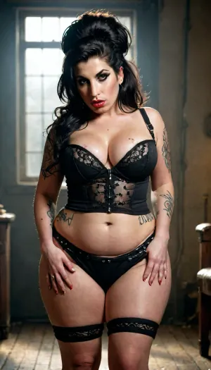 amy winehouse fat chubby type woman, thick thighs, thick hips, huge bottom, masive fake breasts, wearing a bdsm mistress outfit, full body image
