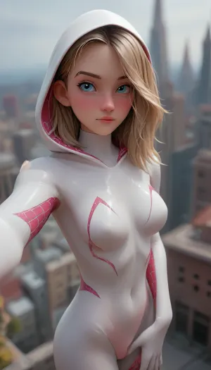 (Masterpice), (HD4K visual), (detailed background), 4K ultra-detailed image, HDR, enhancement, professional photography, clear face, detailed face, precise anatomy, (perfect symmetry), (5 fingers per hand), maximum resolution, sharp focus, NSFW, (spider Gwen:1.4), short blond bobbed hair, iconic white and pink latex spider suit, full body selfie, selfie from above, on a side of a tower, overlooking new York, <lora:Spider-Gwen:1.4>, <lora:Samaritan 3d Cartoon SDXL:1.4>, <lora:Instagram_Selfie_SDXL:1.4>