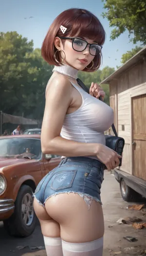 closeup, (Velma Dinkley:1.5), (Scooby Doo), chubby, (redneck girl, standing against a rough wooden fence, in a trailer park), beautiful, makeup, (tight "confederate flag" tank top), (micro cutoff denim shorts), (ripped stockings), (large hoop earrings:1.3), trailer park, litter, ((confederate flag)), old discarded tire, Tags, Ultra realistic, Masterpiece, Ultra detailed, High res, High resolution, 8k, UHD, Professional photography, (((score_9, score_8_up, score_7_up))), (bokeh background), (perfect hands and fingers, realistic detailed face, realistic detailed eyes, realistic detailed hair, realistic detailed body, realistic detailed skin, realistic detailed firm round large breasts, detailed small ass)