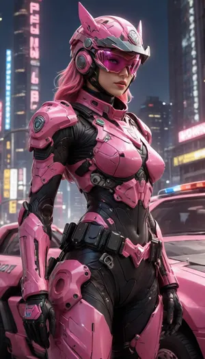 (futuristic, in town, night, neon lights), (((close-up))), sexy police woman, chrome color, pink armor, helmet with visor, (pink makeup:1.2), (((pink vehicle of police))), Cyberpunk, Architecture, monumental, architecture, city, cityscape, scenery, building, skyscraper, future, scifi, cyberpunk, skyline, science, fiction, vehicle, ground, hovering, military, police, <lora:Cyberpunk_Architecture_(Architecture)_(SDXL)_(AD):2>, <lora:Mecha_Ggorgeous_Armor-000011:2>, <lora:scifi-vehicles-000011:2>