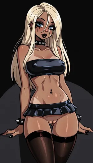 reiq meets innv and Jack cayless art style, perfect anatomical accuracy, dream girl, sexy hottie, sexiest eyes, perfecteyes, full big lips, glamorous goth makeup, black lipstick, spiked choker, spiked bracelets, (petite adult natural body), narrow shoulders, wide hips, shapely thighs, thigh gap, (shapely thick thighs:1.2), (incredible legs:1.2), toned ass, small tight ass, perfect round ass, very small erect nipples, perky, real magnificent natural perfectly shaped breasts, smooth tidy godpussy, (tanned:1.2), blonde, long hair, (black micro skirt and stockings:1.4), navel piercing, gazes at viewer as if she was considering fucking him here and now, in Doggystyle Position, looking back at viewer, Show pussy, ratatatat74, <lora:LCMTurboMix_Euler_A_fix:1.4>, <lora:EnvyBeautyXL02:1>, <lora:mk_Bp Anime_xl:1>, <lora:EnvyAnimeDigitalPaintingXL01:1>, <lora:ratatatat74-000050:1.9>