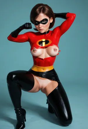 Helen Parr, in fighting stance, one foot forward and hitting with one arm, angry face, the incredibles costume, costume ripped, medium breast, pussy lips out, pink soft nipples, eye mask, straight barr nipple piercing, tanlines