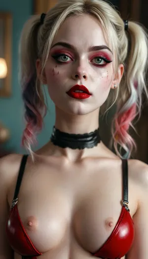 harley quinn, gothic, goth, pale skin, dark black-red eyes, black eyeliner, (black lipstick), white skin, perfect eyes, small eyes, detailed eyes, small nose, good anatomy, ultra detailed, high resolution, small breasts, erect nipples, dynamic pose, titcup, armpit, hand under breast, bent over, full body view, slut face, whore, (ahegao:1), sexy posing, (illustration:1), (hand drawn:1), (anime:1), <lora:MJ52:1>