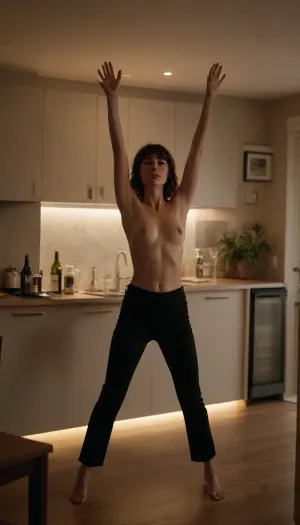 A woman, standing near a countertop with drinks, poses with her arms outstretched in an indoor setting with subdued lighting.
The image is a medium shot of a woman with her arms extended, one raised upwards and the other to the side, standing near a kitchen countertop. On the counter are partially filled champagne glasses, open bottles, a small potted plant, a framed picture, and a lit candle. The framing captures the woman and the counter in the foreground with the white wall and the chair in the background. The lighting is soft and likely artificial.

The primary subject, the woman, is shown from the chest up, with wavy brunette bangs hair. She wears black pants and appears to be topless. Her arms are stretched out, indicating a pose of either expression or an attempt to balance. Her posture is relaxed, and she seems comfortable in the setting.

The photograph appears to be a casual, candid shot, with no obvious artistic medium or style. The technical execution is straightforward, with a focus on capturing the moment. The creative choice is to frame the subject in a natural setting.

The setting appears to be a modern indoor space, likely a kitchen or a dining area, with a countertop and simple decor. The lighting is diffused, giving a soft glow to the scene, and there is a candle lit, which suggests a relaxed, possibly celebratory atmosphere.