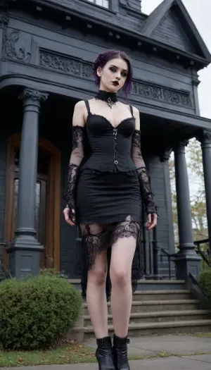 (((solo))), full body view, ((young beautiful petite goth girl 18 years old)), updo hair, (black lipstick), (((tight big breasts))), (posing like a dominatrix), (lace dominatrix outfit), heels, (holding a crop), (((gothic victorian house)))