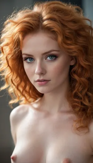 Ginger girl, big hair, nude, eyeshadow