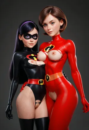 2 girls, Violet Parr and Helen Parr, the red incredibles costume on both, ripped costume on tits and pussy, Helen Parr has medium breast, Violet Parr is shorter and smaller tits, eye mask on both