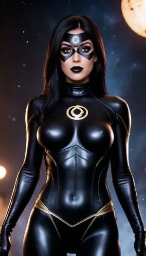 (alone in space, space background), (((close-up))), sexy girl, ((lantern corps from DC's Comics)), chrome color, (sexy black lantern outfit, black hair, black eyes), (black makeup:1.5), (((bright black ring))), lantern's logo on chest
