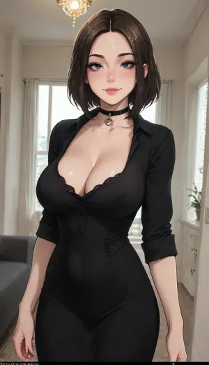 ((Melkor mancin style)), markgavatino style, (samsung sam:1), is standing in her bedroom in a sexy black dress, smiling, seductive, samsung sam, highly detailed, thick eyeliner, choker, waist, wide hips, massive breasts, ratatatat74, jtcstyle, maiden, <lora:LCMTurboMix_Euler_A_fix:.7>, <lora:ratatatat74-000050:1.9>, <lora:加藤彩style:.9>, <lora:AshMilkshake_Illustrious_v1:1.9>, <lora:Maiden_in_law_manhwa_style:1.6>