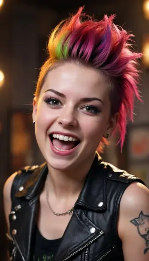 Adorable 23 year punk girl, excited and happy, dimples