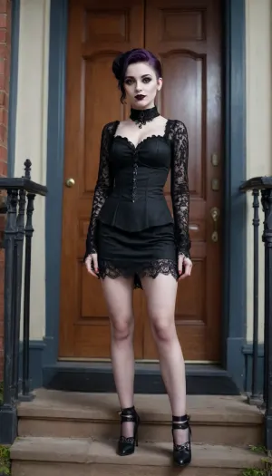 (((solo))), full body view, ((young beautiful petite goth girl 18 years old)), updo hair, (black lipstick), (((tight big breasts))), (posing like a dominatrix), (lace dominatrix outfit), heels, (holding ac rop), (((gothic victorian house)))