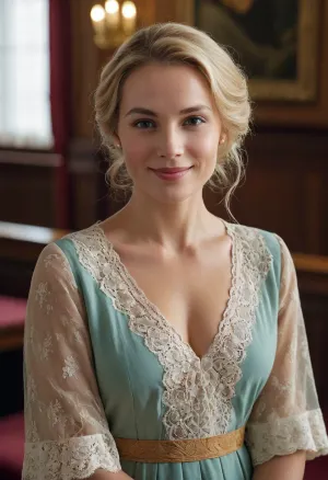 Create a realistic style photograph of this woman as a beautiful court lady in an elegant but simple solid colored tunic accented with lace smiles at the viewer with shy and sweet eyes. She has golden hair, a medium bust. Make her look like she’s in her 30s, with a mature appearance but a youthful energy and beauty.