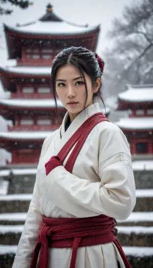 White shinobi, Japanese female, in front of a temple, winter, snowfall, 3/4 view, ready to fight