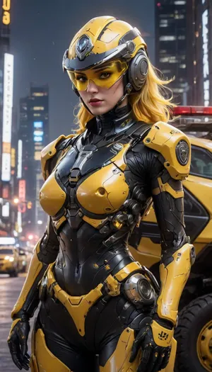 (futuristic, in town, night, neon lights), (((close-up))), sexy police woman, chrome color, yellow armor, helmet with visor, (yellow makeup:1.2), (((yellow vehicle of police))), Cyberpunk, Architecture, monumental, architecture, city, cityscape, scenery, building, skyscraper, future, scifi, cyberpunk, skyline, science, fiction, vehicle, ground, hovering, military, police, <lora:Cyberpunk_Architecture_(Architecture)_(SDXL)_(AD):2>, <lora:Mecha_Ggorgeous_Armor-000011:2>, <lora:scifi-vehicles-000011:2>