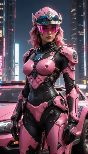 (futuristic, in town, night, neon lights), (((close-up))), sexy police woman, chrome color, pink armor, helmet with visor, (pink makeup:1.2), (((pink vehicle of police))), Cyberpunk, Architecture, monumental, architecture, city, cityscape, scenery, building, skyscraper, future, scifi, cyberpunk, skyline, science, fiction, vehicle, ground, hovering, military, police, <lora:Cyberpunk_Architecture_(Architecture)_(SDXL)_(AD):2>, <lora:Mecha_Ggorgeous_Armor-000011:2>, <lora:scifi-vehicles-000011:2>