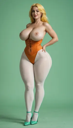 (milf:1.1), neon green background, neon green room, busty mature white woman, (extremely long smooth yellow hair:1.5), (wide_hips:1.5), (Massive ass:1.1), (massive breasts:1), thin waist, topless, gorgeous, orange corset, white pantyhose with open crotch, orange thong, green high heels, front view, standing, posing.