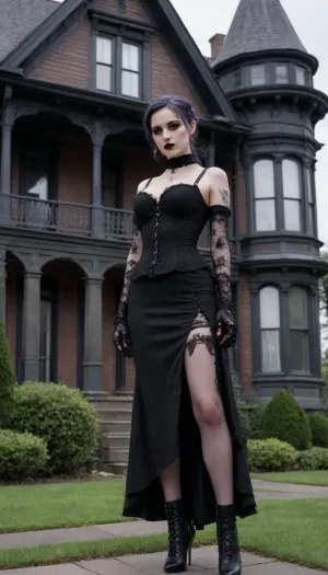 (((solo))), full body view, ((young beautiful petite goth girl 18 years old)), updo hair, (black lipstick), (((tight big breasts))), (posing like a dominatrix), (lace dominatrix outfit), heels, (holding a crop), (((gothic victorian house)))